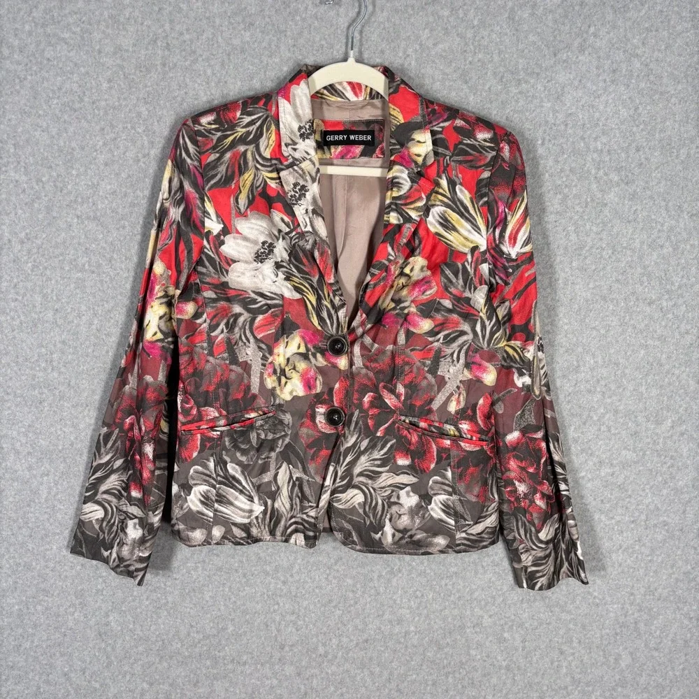Gerry Weber Blazer Jacket Small Red Gray Pockets Artsy Abstract‎ Watercolor
